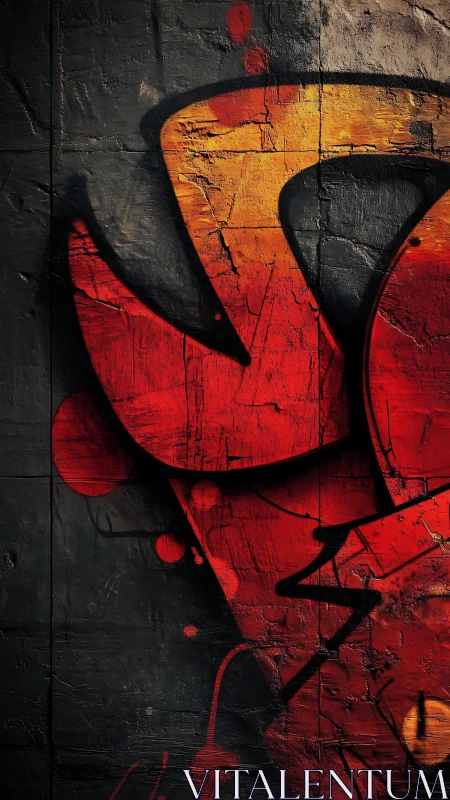 Red graffiti curves slice cracked concrete wall surface.