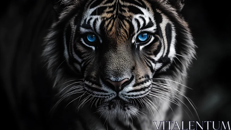 Blue eyed tiger portrait in dramatic low key lighting.