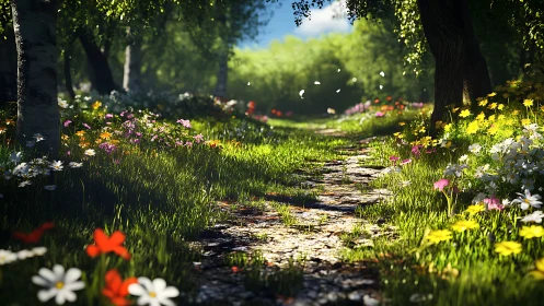 Sunlit forest path bordered by dense wildflower meadow.