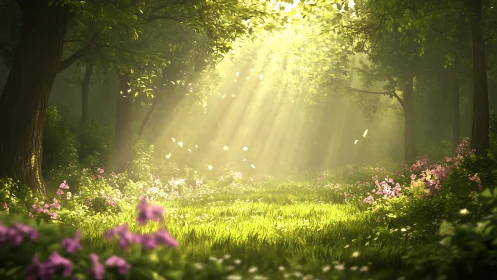 Sunlit forest glade welcomes soft wildflowers and quiet peace