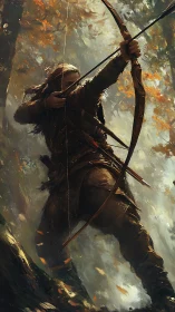 Archer draws a longbow amid autumn woodland in dynamic profile