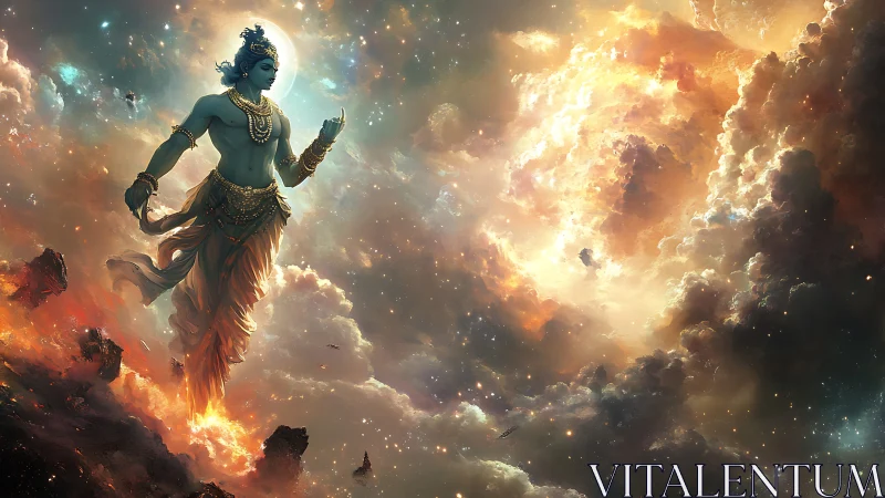 Celestial blue deity striding through radiant cosmic clouds.
