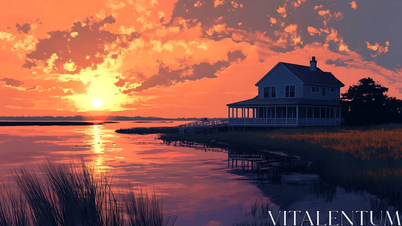 Sunset-soaked marsh house cradled in molten watercolor sky.