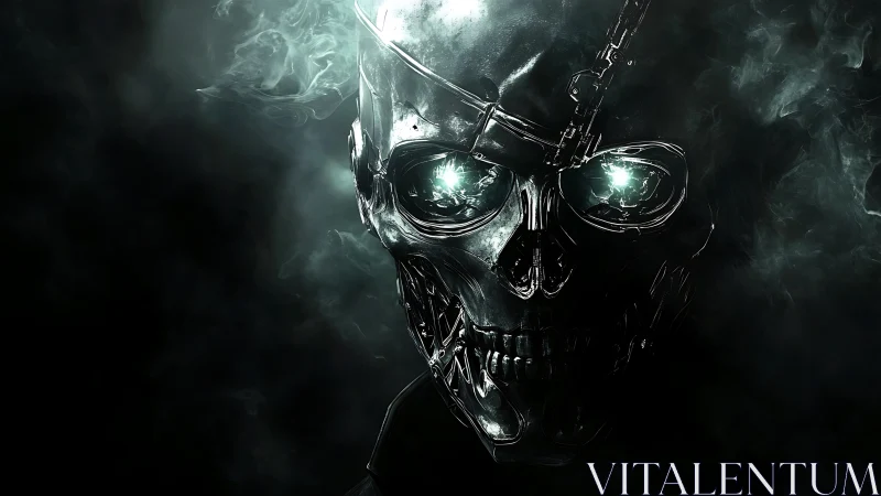 Chrome cyber skull emerging from dense toxic smoke.