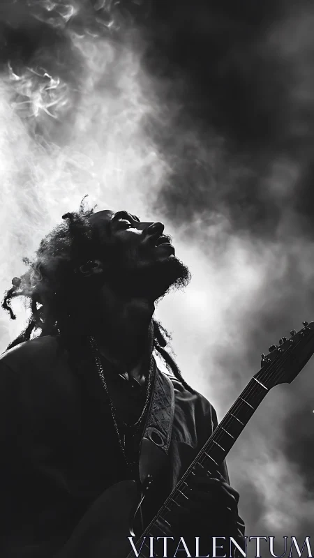 Smoke-drenched guitar prophet gazes into the stage haze.