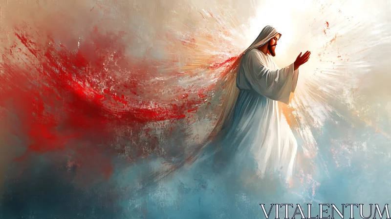 Radiant robed figure walking through light and red mist.