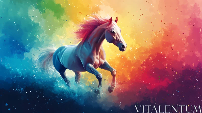 Galloping white horse bursts through vibrant cosmic colors