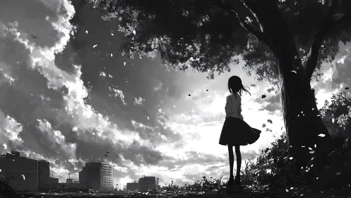 Solitary girl under tree overlooking distant cityscape.