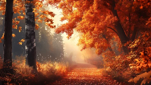 Golden Forest Path Glowing in Warm Autumn Light.