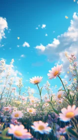 Wildflower Meadow Under Clear Blue Sky with Floating Hearts
