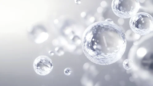 Glittering transparent bubbles float through soft white space