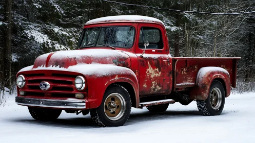 Weathered red pickup truck rests in quiet snowy forest