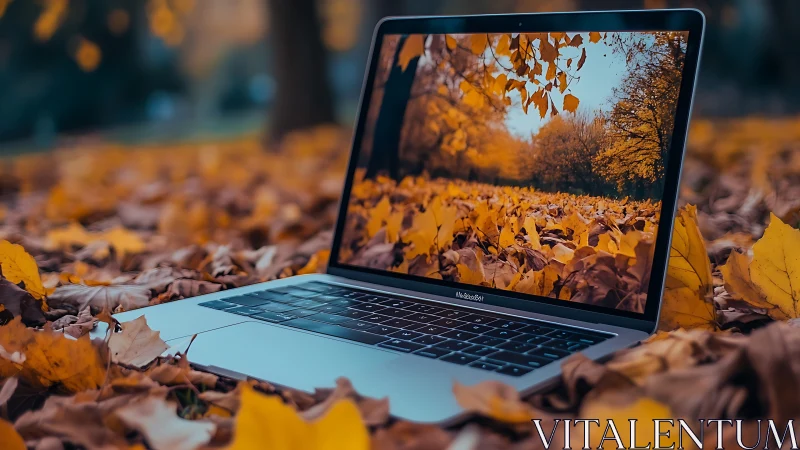 Open laptop blends into golden autumn forest scene outdoors.
