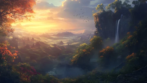 Sunlit valley panorama with autumn canopy and misted waterfall.