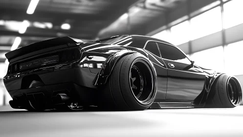 Ultra-widebody black muscle car gleams in modern garage.