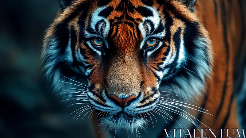 High-detail frontal tiger portrait with shallow depth of field focus
