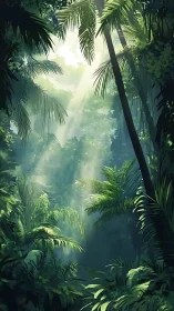 Tropical forest interior with vertical palm fronds and light diffusion