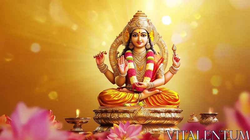 Radiant Hindu goddess idol glows amid golden divine light.