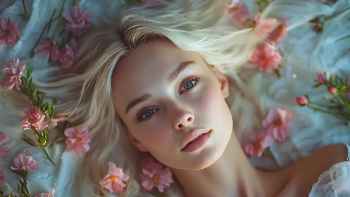 Blonde woman lies among soft pink blossoms in daylight