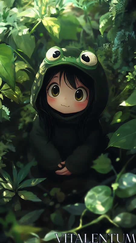 Child in frog hoodie gazes upward amid diffuse forest light