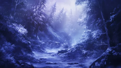 Snow covered forest valley illuminated by cold blue light