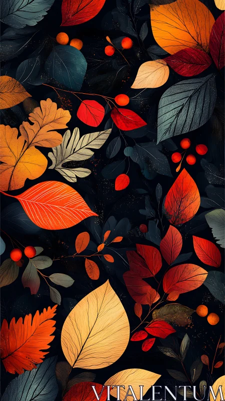 Autumn foliage pattern with red, orange and gold leaves.