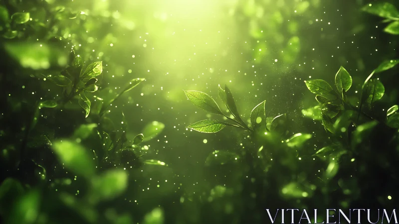 Backlit green leaves in soft glowing forest light.