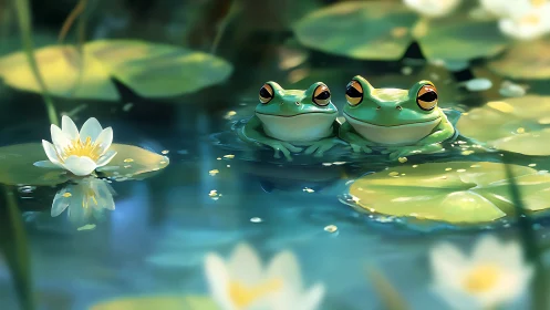Pondside frog sweethearts bask in shimmering lily dreamscape.