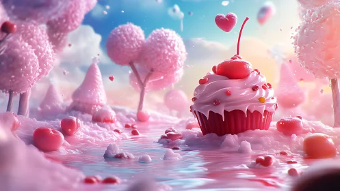 Whimsical Candy Landscape: Digital Cupcake in Pink Fantasy Realm