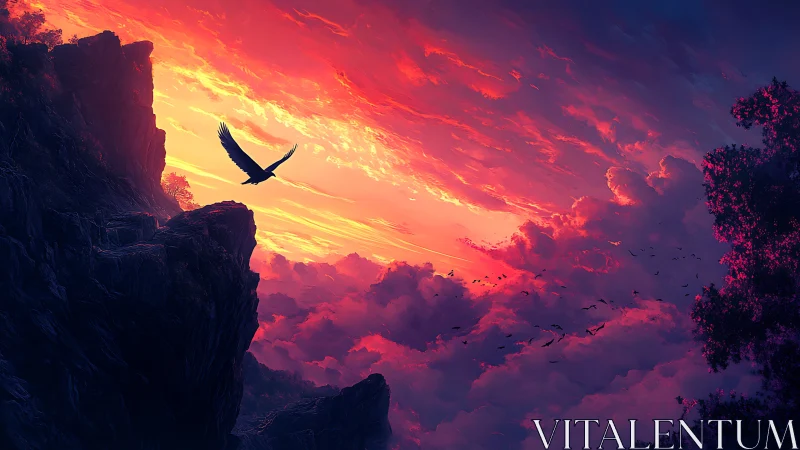 Soaring bird welcomes a fiery sunset sky over dark cliffs