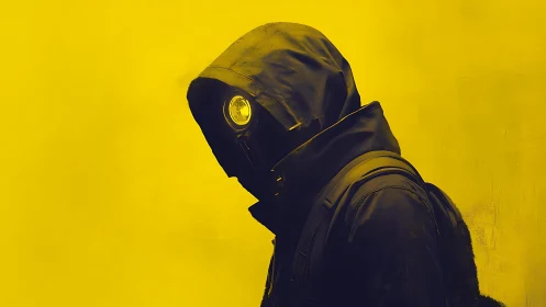 Hooded cyber traveler with illuminated lens mask silhouette