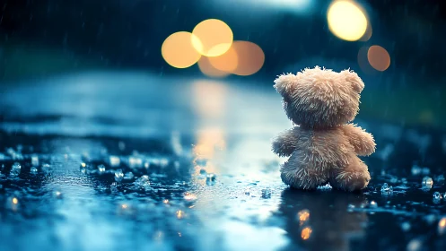 Plush teddy bear on wet street at night in rainfall.