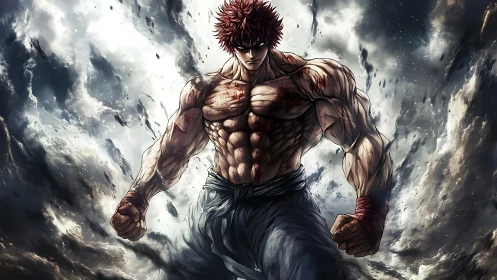 Storm-torn warrior plants his fists at the world’s edge