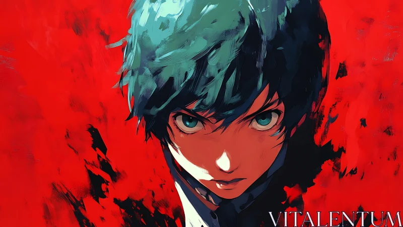 Intense teal haired anime portrait against painterly red field
