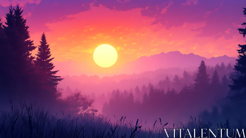 Sunset over misty conifer forest and distant mountain ridge.