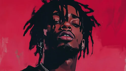 Bold hip-hop portrait glowing against vivid red canvas.