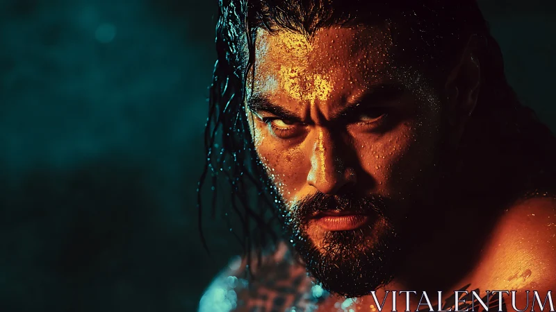 Wet bearded man in low-key lighting with intense gaze.