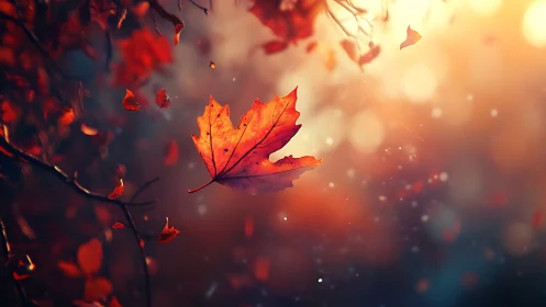 Single red maple leaf suspended in warm autumn light.