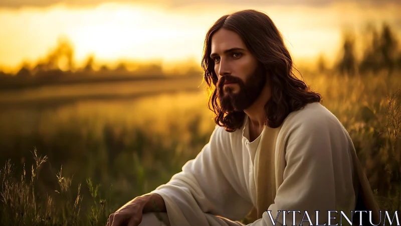 Bearded robed man sits in golden sunset field, thoughtful.