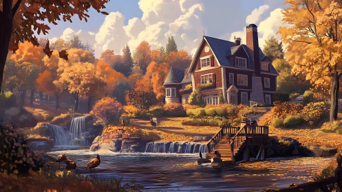 Large country house beside autumn river and small waterfalls.