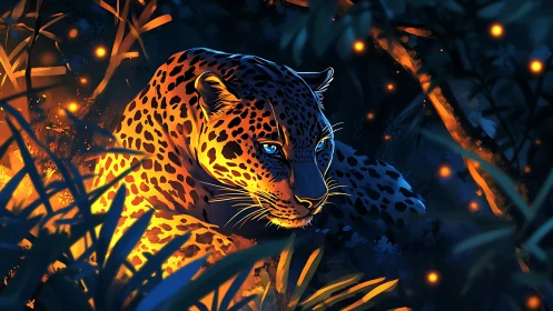 Luminescent Leopard in Fiery Night Forest.