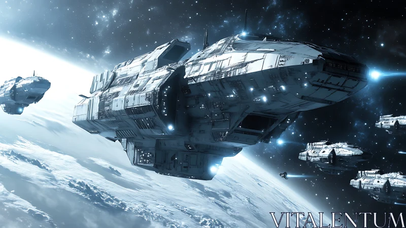 Starborne armada glides above a frozen planet in silence