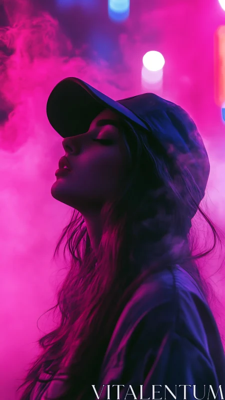 Neon backlit female profile in volumetric magenta fog field.