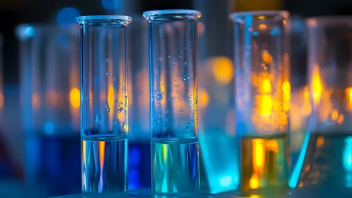 Glass test tubes hold colored liquids under laboratory lights