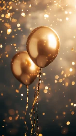 Metallic balloons suspended with bokeh light particles in warm tones