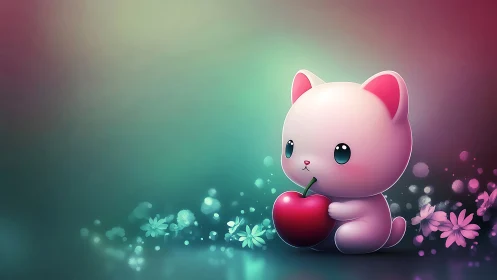 3D Rendered Chibi Cat Character Holding Red Apple Against Bokeh.