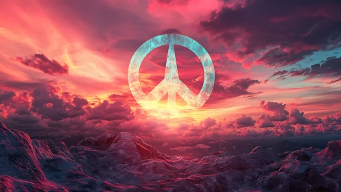 Peace symbol glowing over surreal neon sunset sky.