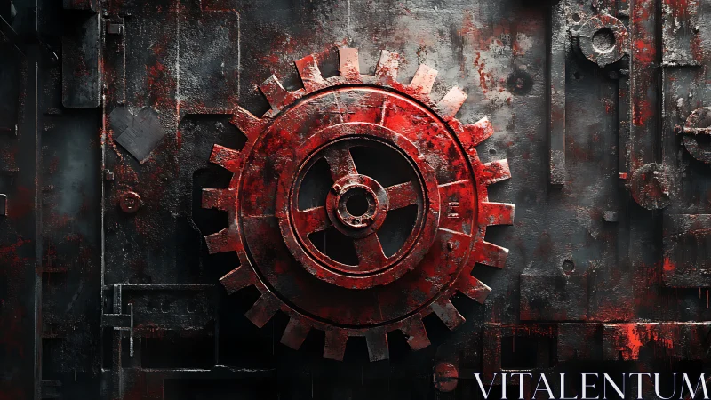 Red industrial gear wheel dominates distressed metal wall