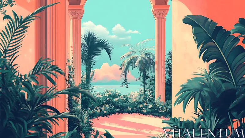 Tropical courtyard vista framed by coral neoclassical columns.