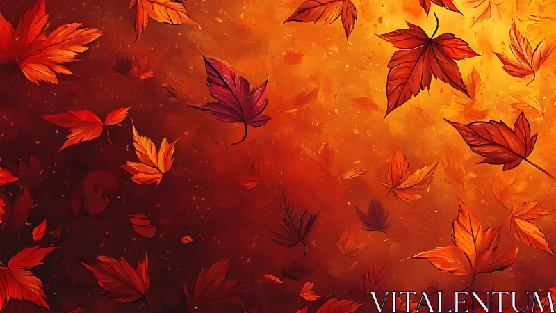 Crimson leaves whirl through molten autumn light in flight